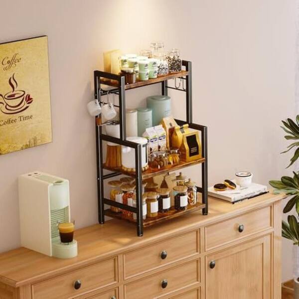 Unbranded 3-Tier Adjustable Shelf Large Countertop Organizer Wood Metal  Spice Rack with 5-Hooks Space Saving Stand 29EPH020087