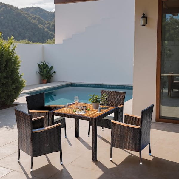 Tozey 5-Piece Acacia Wood and Brown Wicker Outdoor Dining Set with Beige Cushions