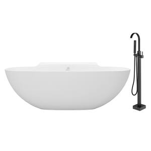 71 in. x 35 in. Stone Resin Solid Surface Soaking Bathtub with Side Shelves in Matte White with Matte Black Faucet