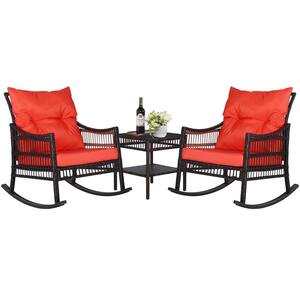 Dark Brown 3-Piece Patio Wicker Outdoor Rocking Chair Set with Orange Cushions and Pillows