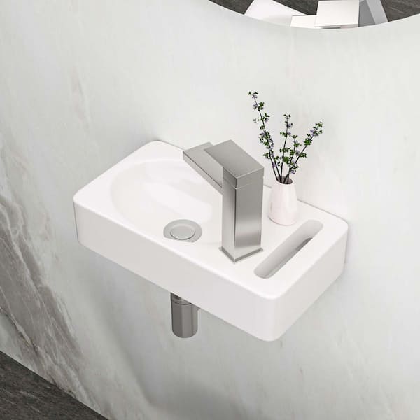 16 in. Wall-Mounted Rectangular Bathroom Ceramic Sink in White, 15.79 x 8.69 in. Wall Mount Bathroom Sink