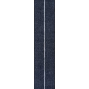 Linja Solid Centre Stripe Machine-Washable Navy/Ivory 2 ft. x 8 ft. Area Rug