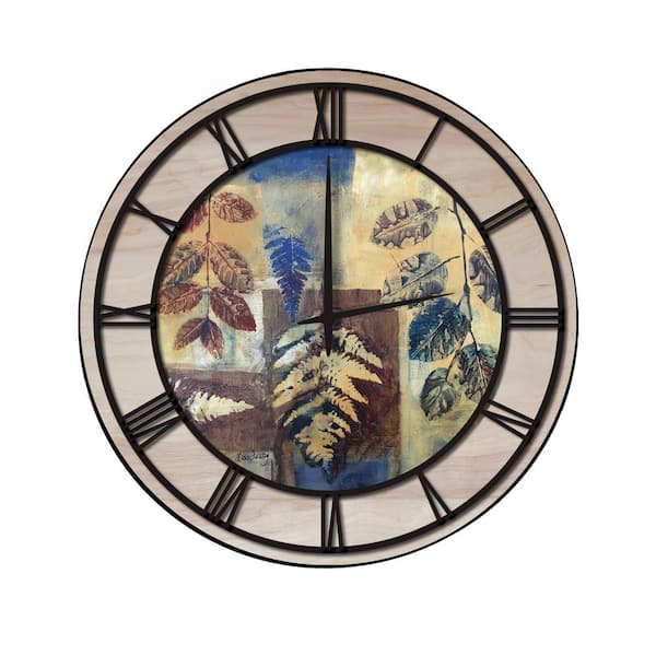 Unbranded "Leaves in Blue" Woodgrain Accent and Black Numbers Imaged Wall Clock