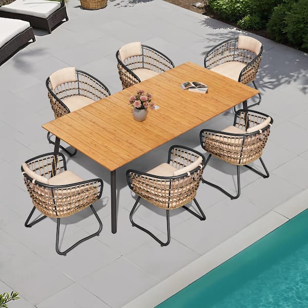 Pellebant 7 of Piece Aluminum Rectangle Table Wicker Chairs Outdoor Dining Set with Beige Cushion