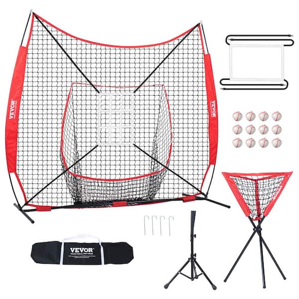 VEVOR 7 x 7 ft. Baseball Softball Practice Net with Bow Frame, Carry Bag, Strike Zone, 12 Balls, Tee, and Ball Collector