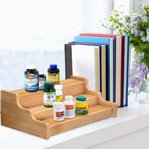 3-Tier Bamboo Spice Rack Organizer, Expandable Cabinet Shelf for Kitchen Storage in Yellow