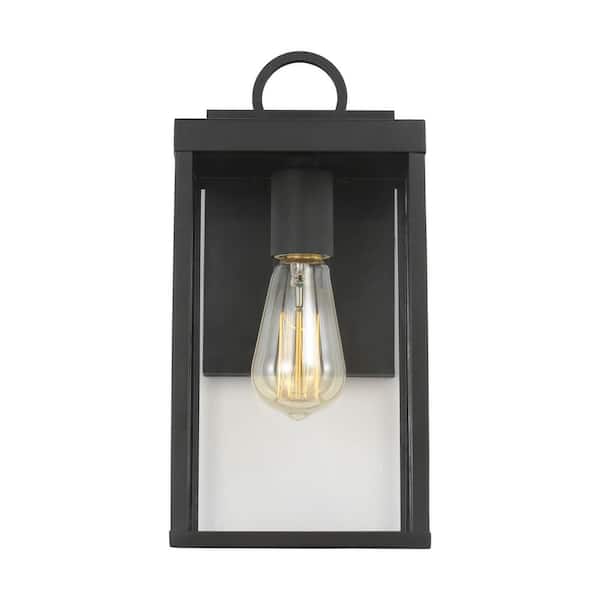 SCOTT LIVING Howell 12.5 in. Textured Black Outdoor Hardwired Wall Lantern Sconce with White/Clear Glass Panels and No Bulbs Included