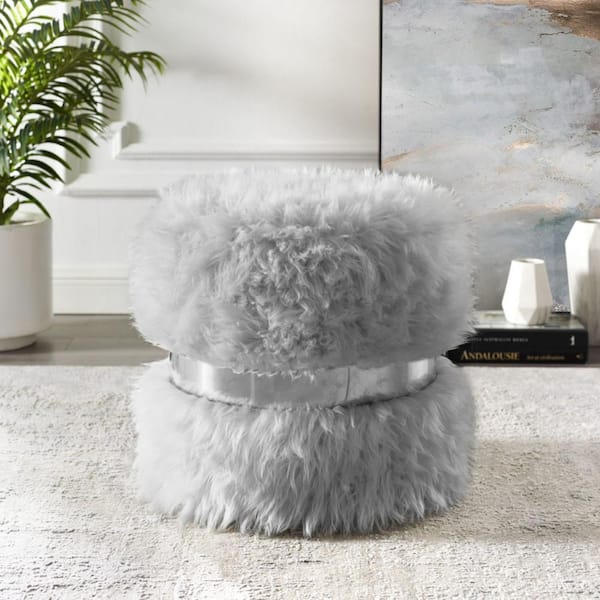 HomeRoots Grey And Silver Faux Fur Round Standard 18L x 18W x 18H Ottoman