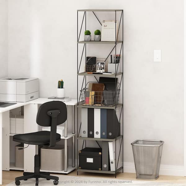 Furinno Wire 66.93 in. Tall Finn Oak Wood 6-Shelf Metal Frame Bookcase