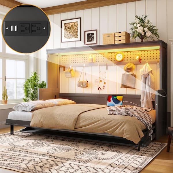 Dark Gray Wood Frame Full Size Murphy Bed with a desk, USB Charging Station, LED Lights