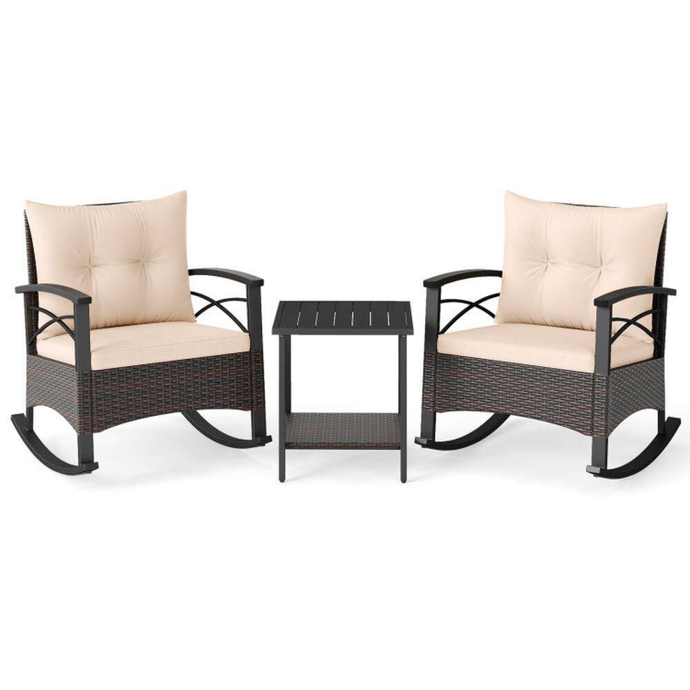 3-Piece Wicker PE Rattan Rocking Outdoor Bistro Set Rocker Chairs with Acacia Wood Top Table and Navy Cushion price history on PriceWatchPro