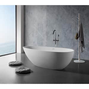 59 in. Stone Resin Flatbottom Solid Surface Freestanding Soaking Bathtub in White with Brass Drain