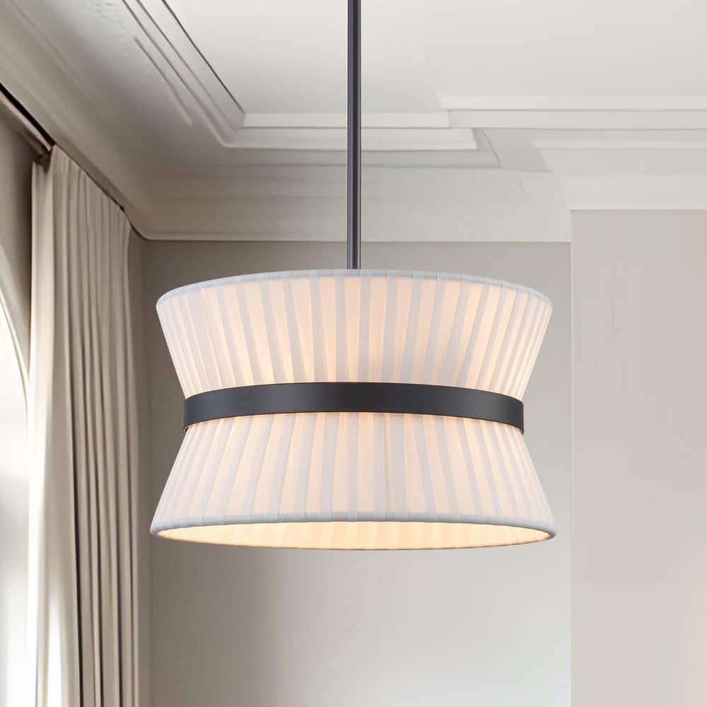 Modern Black Pendant Light with Pleated White Fabric Shade, 2-Light E26 Adjustable Hanging Fixture for Dining Room price history on PriceWatchPro
