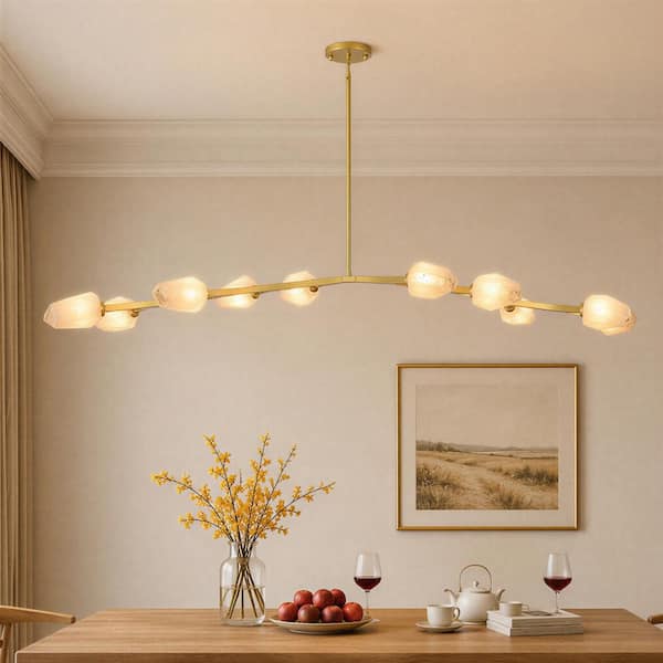 72 in. 10-Light Dimmable LED Brass Linear Branch Kitchen Island Chandelier with Glass Shades, for Living Room, Foyer
