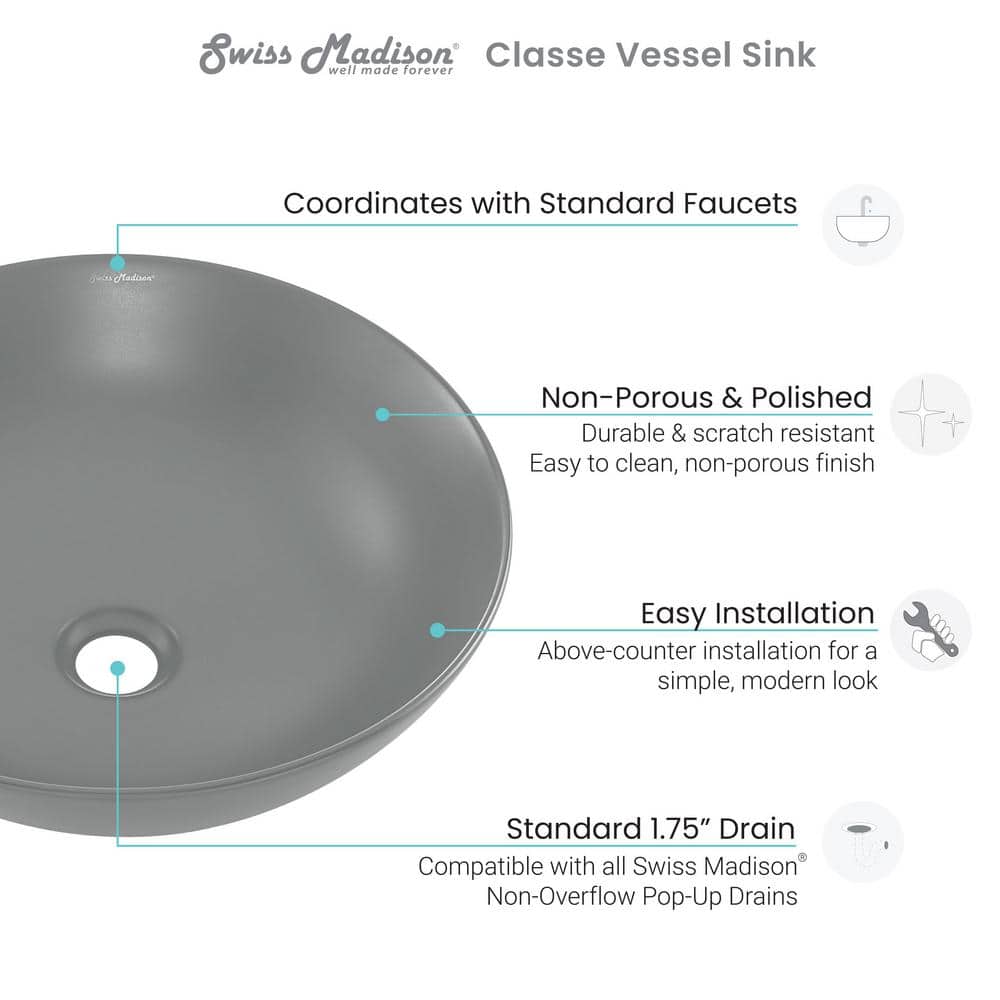 Matte Gray Ceramic 16" Above-Counter Vessel Sink