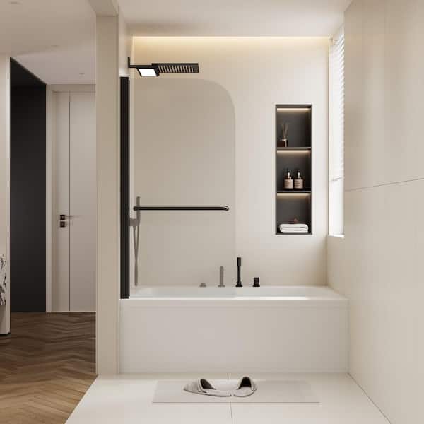 30 in. W x 58 in. H Pivot Tub Door in Matte Black with Clear Glass