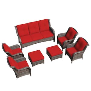 Brown 7-Piece Wicker Outdoor Patio Conversation Sofa Set with Red Cushion