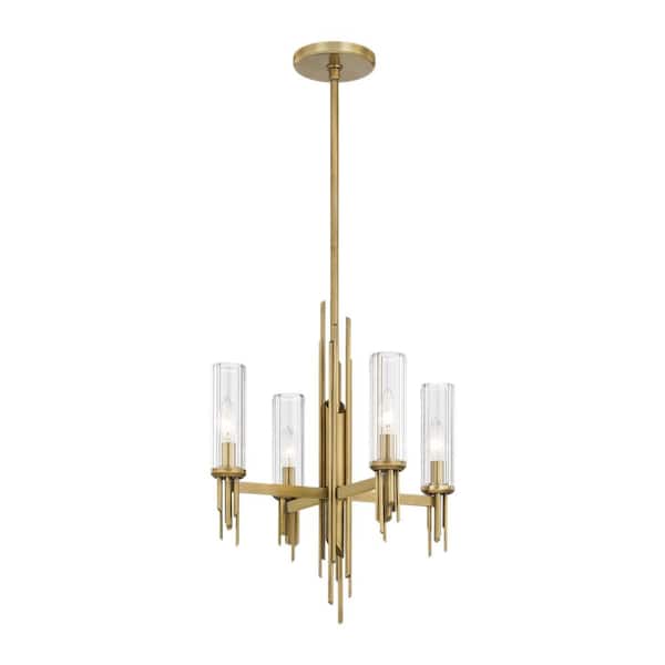 Torres 18 in. 4 Light 40-Watt Ribbed Glass/Vintage Brass Chandelier