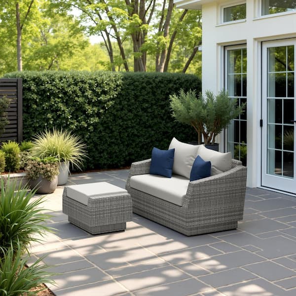 Cannes Wicker Outdoor Loveseat with Ottoman with Sunbrella Bliss Ink Cushions