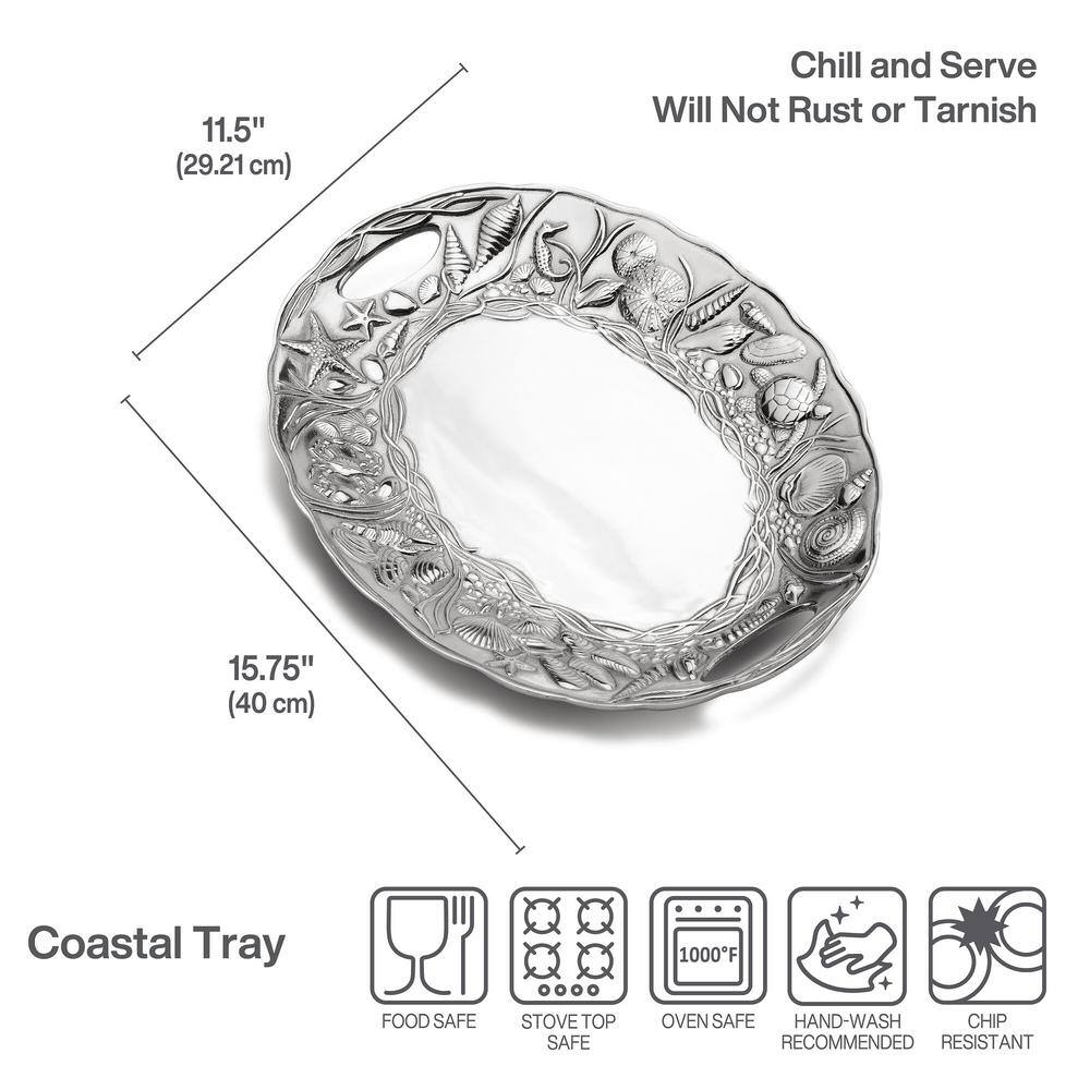 Coastal Silver Alloy Handle Tray with Ocean Motifs
