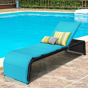 Black Adjustable Height Rattan Wicker Outdoor Patio Recliner Chair Chaise Lounge with Turquoise Cushion