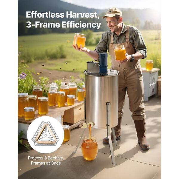 Electric Honey Extractor 3-Frame Stainless Steel with 3-Adjustable Legs for Beekeeping