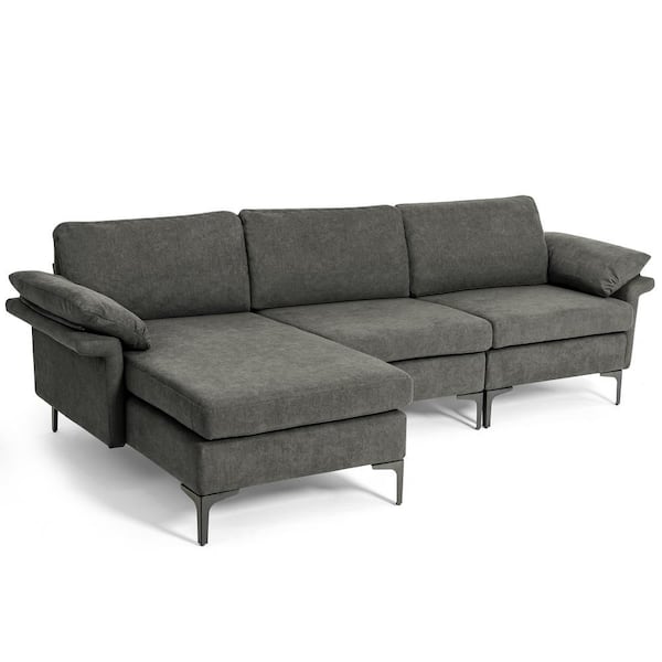 Costway 100.5 in. W Square Arm 3-Piece Polyester Modular Modern Sectional Sofa with Reversible Chaise and 2-USB Ports Gray