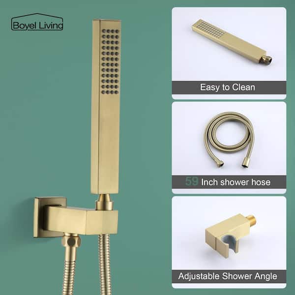 1-Spray Patterns with 2.38 GPM 12 in. Ceiling Mount Dual Shower Heads with Rough-In Valve Body and Trim in Brushed Gold 1-Spray Patterns with 2.38 GPM 12 in. Ceiling Mount Dual Shower Heads with Rough-In Valve Body and Trim in Brushed Gold
