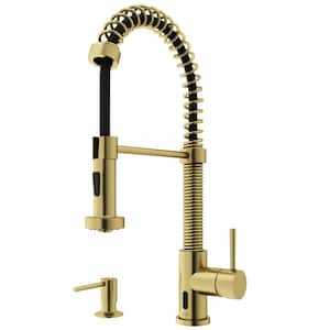 Edison Single Handle Pull-Down Sprayer Kitchen Faucet Set with Soap Dispenser and Touchless Sensor in Matte Brushed Gold