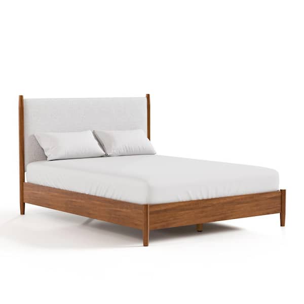 Riverstone Mid Century Modern Brown Wood/Fabric Frame Queen Platform Bed with Boucle Headboard