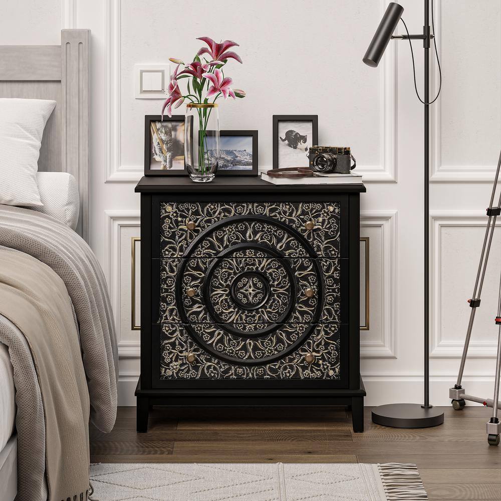 Black and Gold 3-Drawer Flower Motif Nightstand