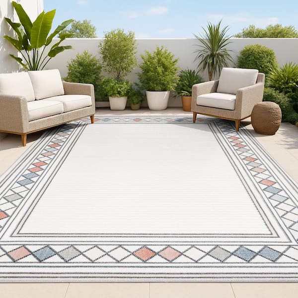 Sebastian Ivory/Beige Approximate Rug Size 3 ft. x 5 ft. High-Low Modern Diamond Border Indoor/Outdoor Area Rug