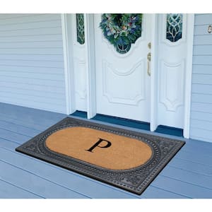 A1HC Oval Black/Beige 24 in. x 39 in. Rubber and Coir Heavy Duty Easy to Clean Monogrammed P Door Mat