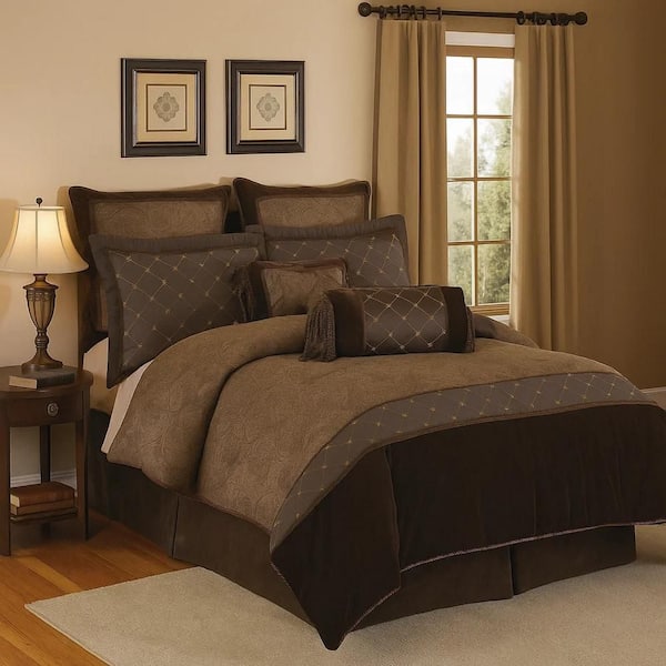 9-Piece Brown Solid Print Polyester Queen Comforter Set