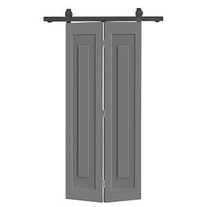 32 in. x 80 in. 1-Panel Shaker Hollow Core Light Gray Composite Bi-Fold Door with Sliding Barn Door Hardware Kit