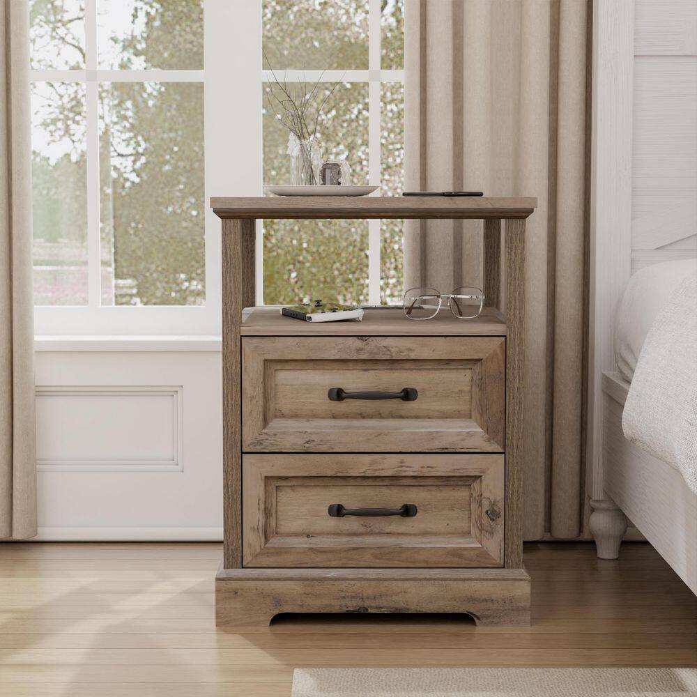 Farmhouse Gray/Wash 2-Drawer 17.7 in. W Nightstand with Charging Station and Open Shelf
