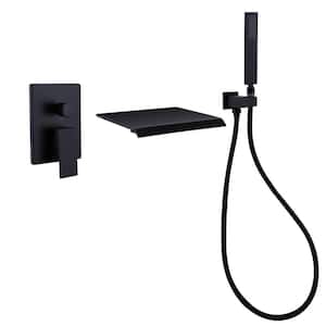 Single Handle Wall Mount Roman Tub Faucet with Hand Shower and Waterfall in Matte Black