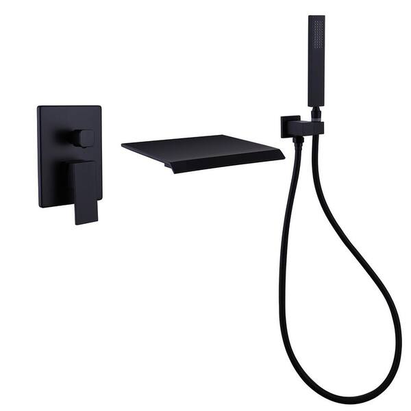 Unbranded Single Handle Wall Mount Roman Tub Faucet with Hand Shower and Waterfall in Matte Black