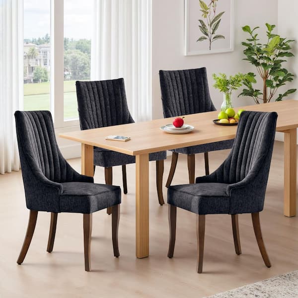 WONDER COMFORT Chic Black Linen Channel Tufted Back Dining Chairs Set of 4 with Curved Solid Wood Legs for Dining Room