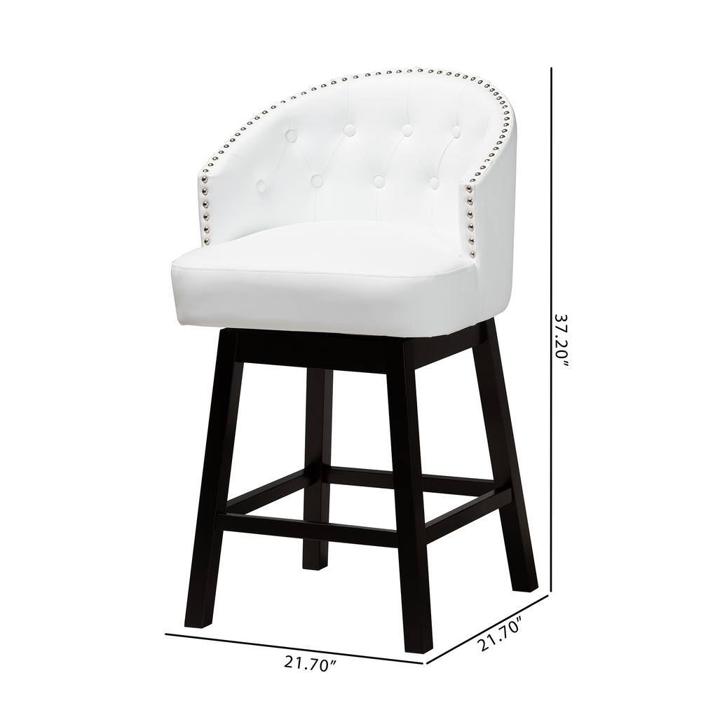 White Faux Leather and Espresso Wood Swivel Counter Stools, Set of 2