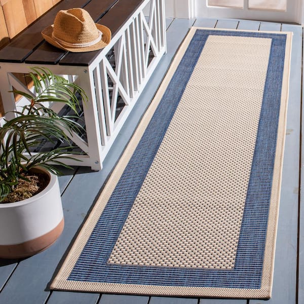 Courtyard Beige/Navy 2 ft. x 10 ft. Border Solid Color Indoor/Outdoor Runner Rug