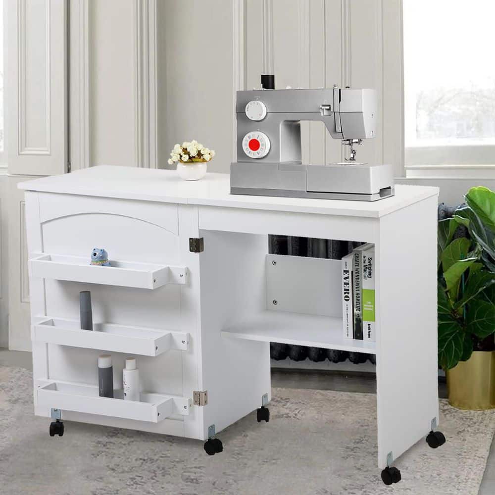 White Folding Sewing Table with Shelves and Wheels