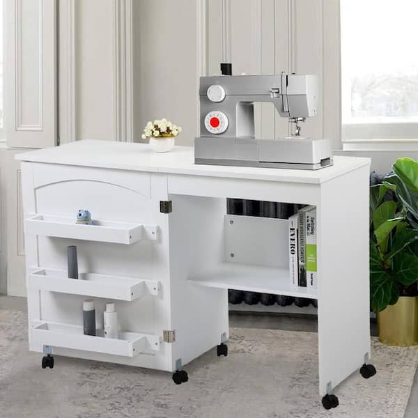 Folding Large Sewing Table Storage Shelves and Lockable Casters - Costway