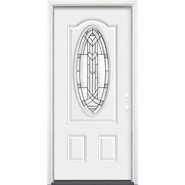 Masonite 36 in. x 80 in. Chatham 3/4 Oval-Lite Left Hand Inswing Primed Steel Prehung Front Exterior Door with Brickmold