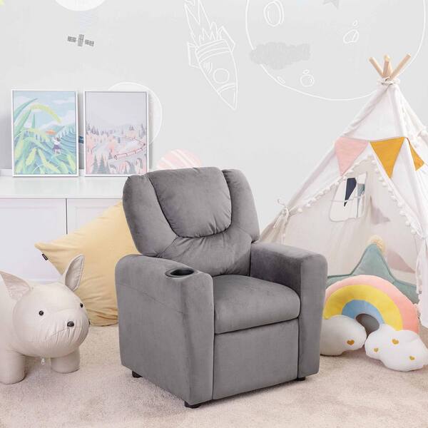 HOMESTOCK Gray Push Back Kids Recliner with Footrest Cup Holder Microfiber Recliner for Girls and Boys Ideal for Ages 3 60202HDC