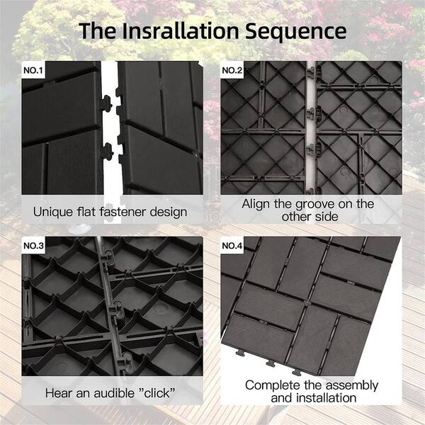 cadeninc 12 in. x 12 in. Dark Gray Square 4 Slat Plastic Outdoor Flooring Tiles All Weather (Set of 44 Tiles)