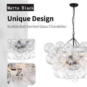 Neuvy 33 in.W 8-Light Matte Black Cluster Chandelier with Swirled Glass Shades for Staircase and Living Room