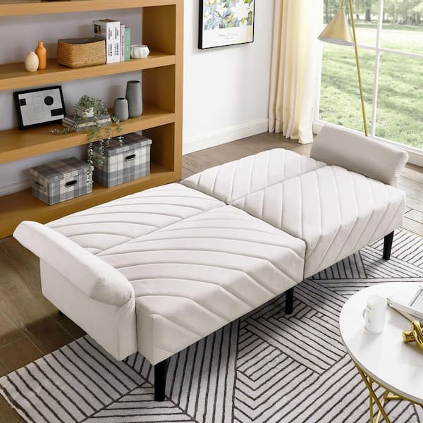 70 in. Adjustable Square Armrests Rectangle Sofa Velvet Futon Couch Convertible Folding Sofa Bed Tufted Couch in Beige