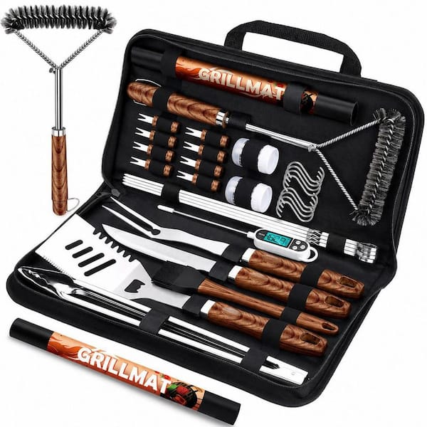 31-Piece BBQ Grill Accessories, Stainless Steel BBQ Utensils Kit with Mats, Grill Brush in Carrying Bag, Brown