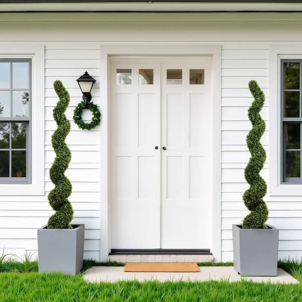 Unbranded 6 ft. Artificial Spiral Boxwood Plant Tree in Pot 2-Pack, Outdoor Plastic Topiary Bonsai, UV Resistant, for Decor Home